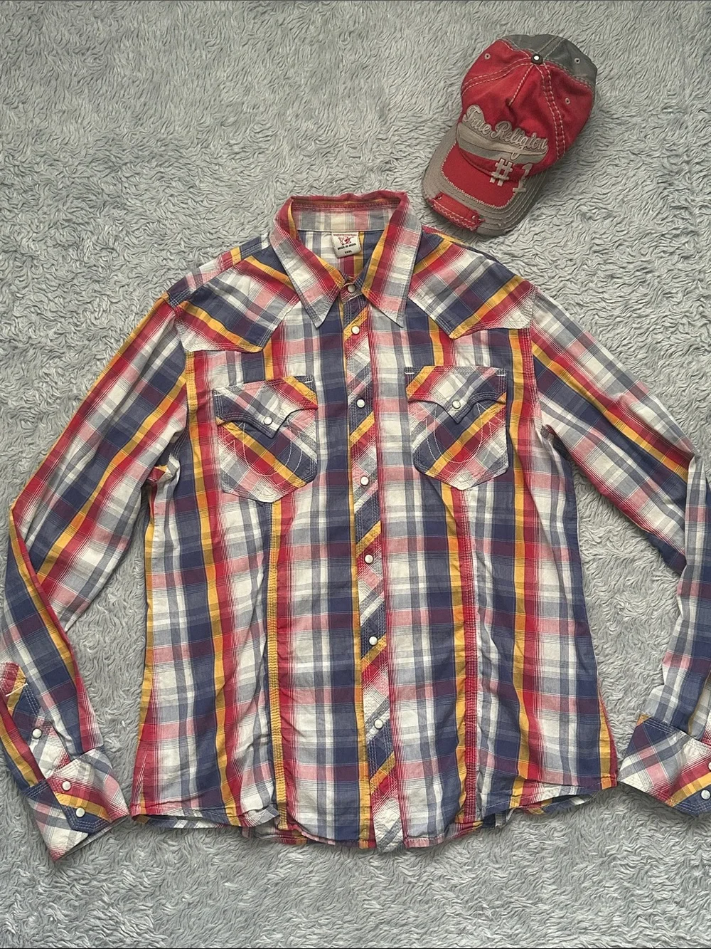 True Religion Red, Blue & Yellow Plaid Button-Down Shirt with matching Hat